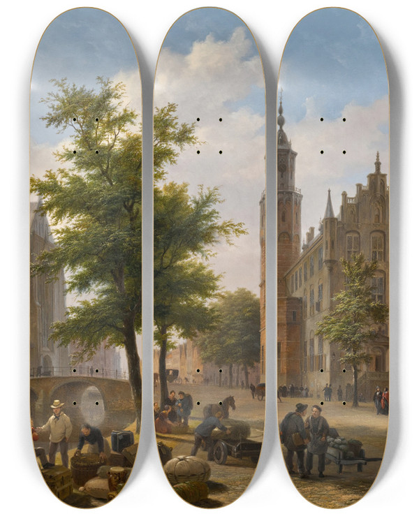 Triptych art skateboard deck of Bartholomeus Johannes Van Hove A Busy Market Place Ina Dutch Town by Bartholomeus Johannes Van Hove (1790-1880)