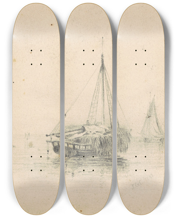 Triptych art skateboard deck of James Goodwyn Clonney Boats At Anchor by James Goodwyn Clonney (1812-1867)