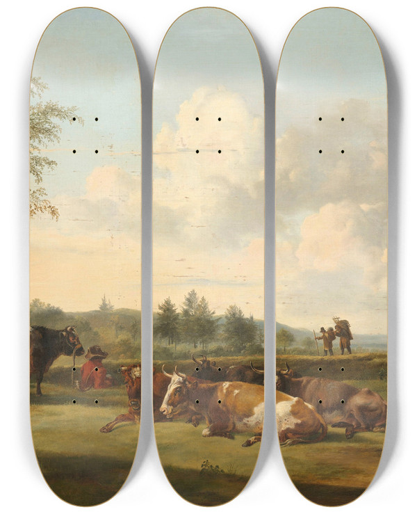Triptych art skateboard deck of Pieter Gerardus Van Os Landscape With Cattle_1 by Pieter Gerardus Van Os (1776-1836)