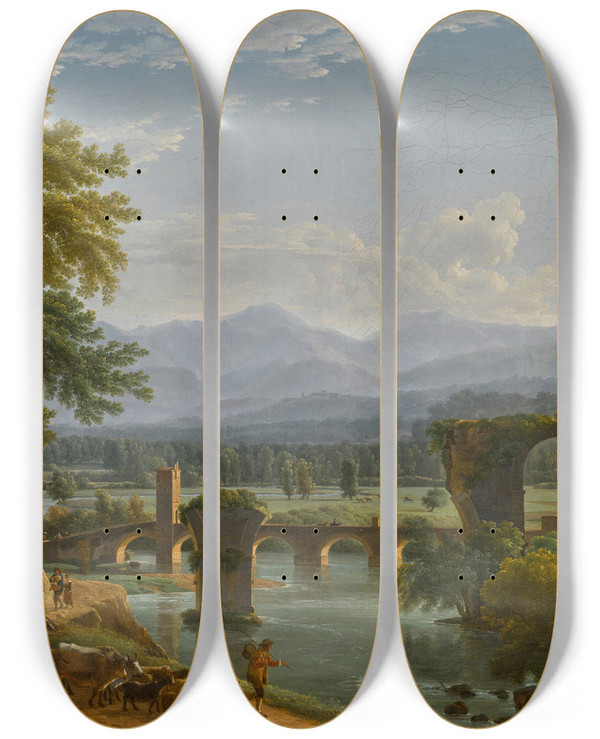 Triptych art skateboard deck of Jeanjosephxavier Bidauld The Augustus Bridge Over The River Nera Near The City Of Narni Italy by Jean Joseph Xavier Bidauld (1758-1846)