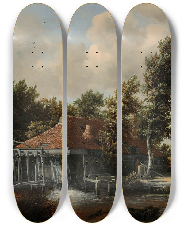Triptych art skateboard deck of Meindert Hobbema A Watermill_2 by Meindert Hobbema (1638-1709)