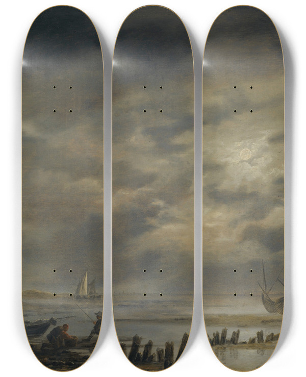 Triptych art skateboard deck of Hendrick Jacobsz Dubbels A Moonlit Coastal Landscape With Fishermen In The Foreground by Hendrick Jacobsz Dubbels (1621-1707)