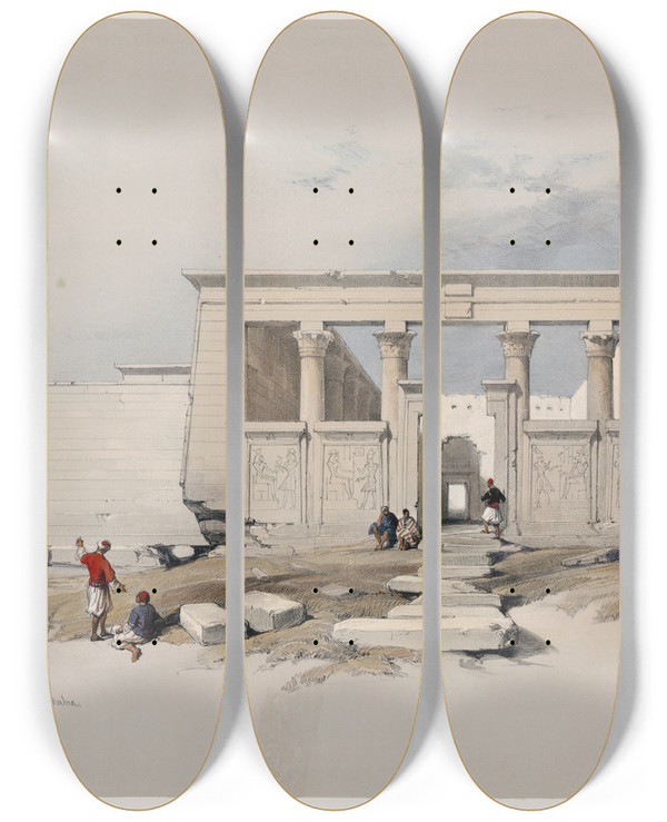 Triptych art skateboard deck of David Roberts Temple At Wady Dabod Wadi Dbd Nubia by David Roberts (1796-1864)