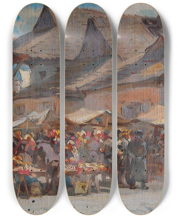 Triptych art skateboard deck of Stanisaw Bagieski Market Square In Kazimierz by Stanislaw Bagienski (1876-1948)