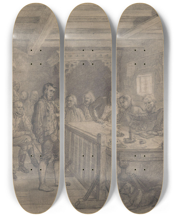 Triptych art skateboard deck of Adolph Tidemand En Rettsscene P Landet by Adolph Tidemand (1814-1876)