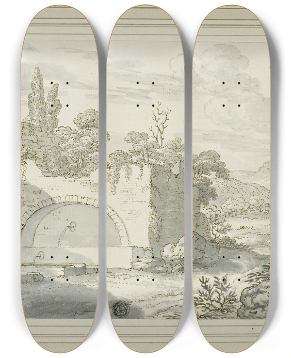 Triptych art skateboard deck of Abraham Genoels Ii Landscape With Fountain by Abraham Genoels Ii (1640-1723)