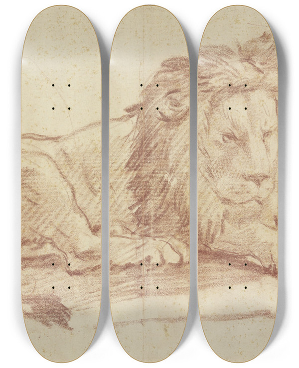 Triptych art skateboard deck of Nicolas Guibal Ein Liegender Lwe Nach Rechts by Nicolas Guibal (1725-1784)