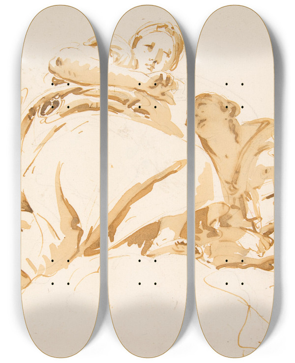 Triptych art skateboard deck of Giovanni Battista Tiepolo Two Women And A Winged Boy On Clouds by Giovanni Battista Tiepolo (1696-1770)