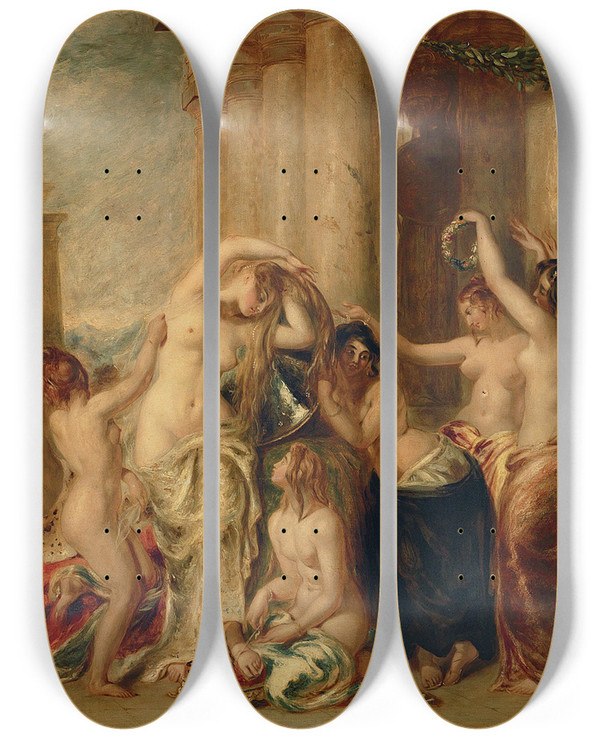 Triptych art skateboard deck of William Etty Venus And Her Satellites by William Etty (1787-1849)