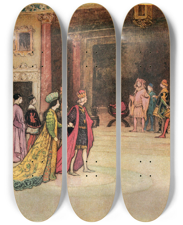 Triptych art skateboard deck of Warwick Goble The King And Princess Receiving Pippo At Court by Warwick Goble (1862-1943)