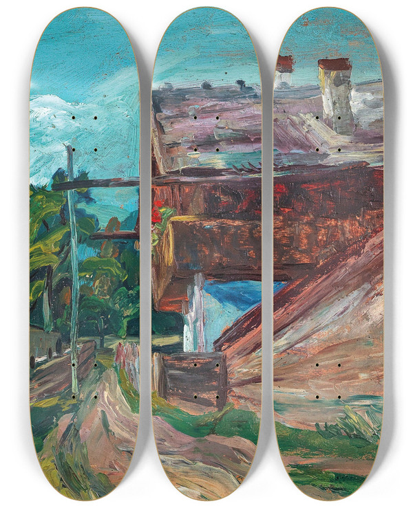Triptych art skateboard deck of Stephanie Hollenstein Tiroler Haus by Stephanie Hollenstein (1886-1944)