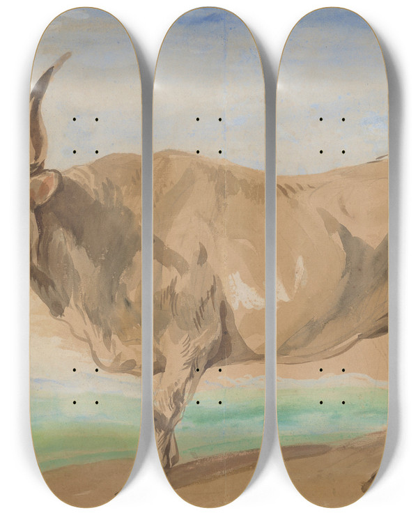 Triptych art skateboard deck of Piotr Michaowski Study Of Hungarian Breed Ox by Piotr Michalowski (1800-1855)