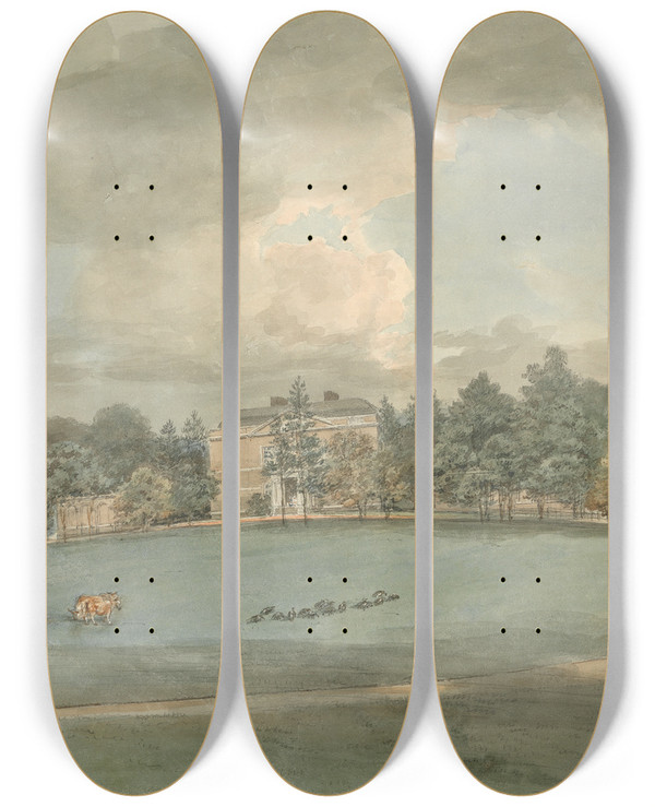 Triptych art skateboard deck of Samuel Davis A Country House With Figures On The Drive by Samuel Davis (1757-1819)