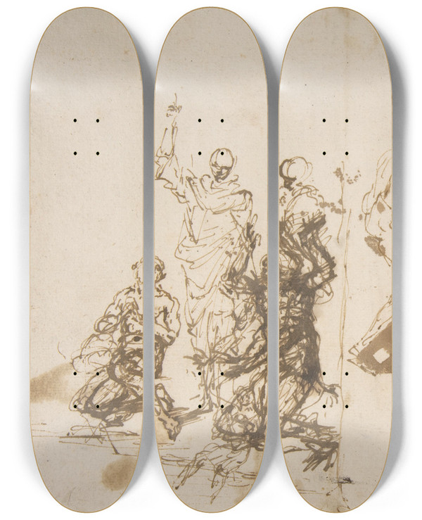 Triptych art skateboard deck of Salvator Rosa The Raising Of Lazarus by Salvator Rosa (1615-1673)