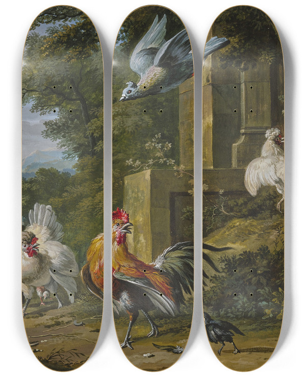 Triptych art skateboard deck of Dirck Dalens Iii Ein Hahn Und Zwei Hennen Mit Ihren Jungen Von Einem Raubvogel Berfallen by Dirck Dalens Iii