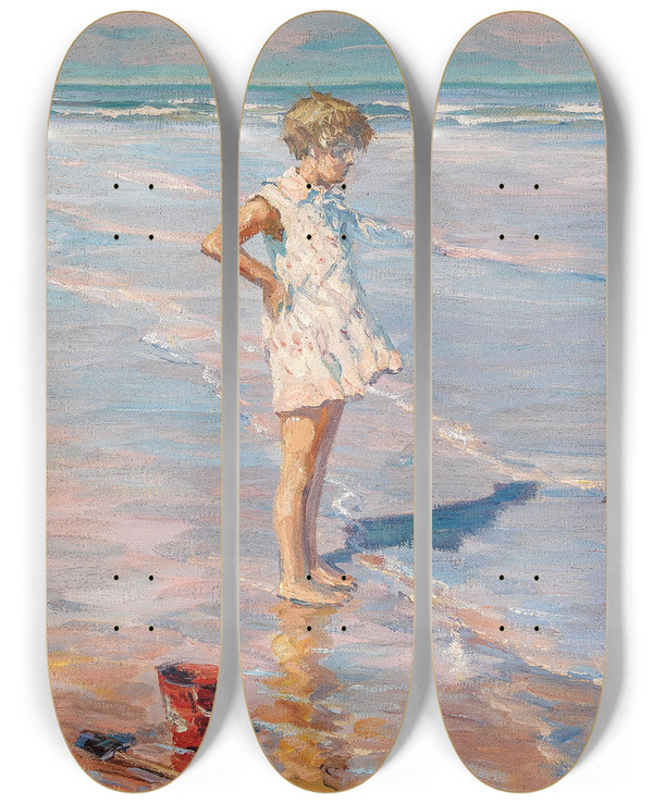 Triptych art skateboard deck of Charles Atamian Children Playing On A Beach by Charles Atamian (1872-1947)