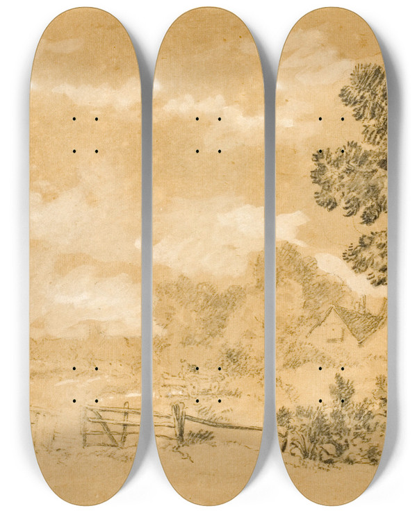 Triptych art skateboard deck of Sir Augustus Wall Callcott Landscape With Stile by Sir Augustus Wall Callcott (1779-1844)