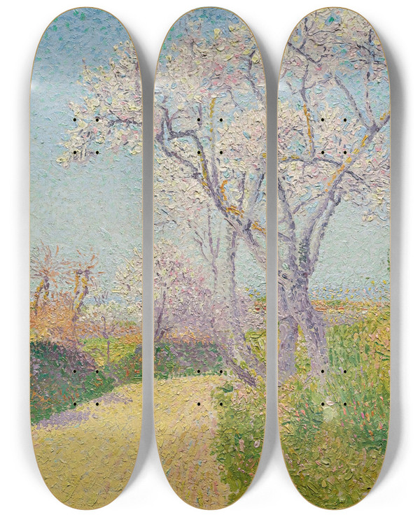 Triptych art skateboard deck of Achille Laug La Route Aux Amandiers Fleuris by Achille Lauge (1861-1944)