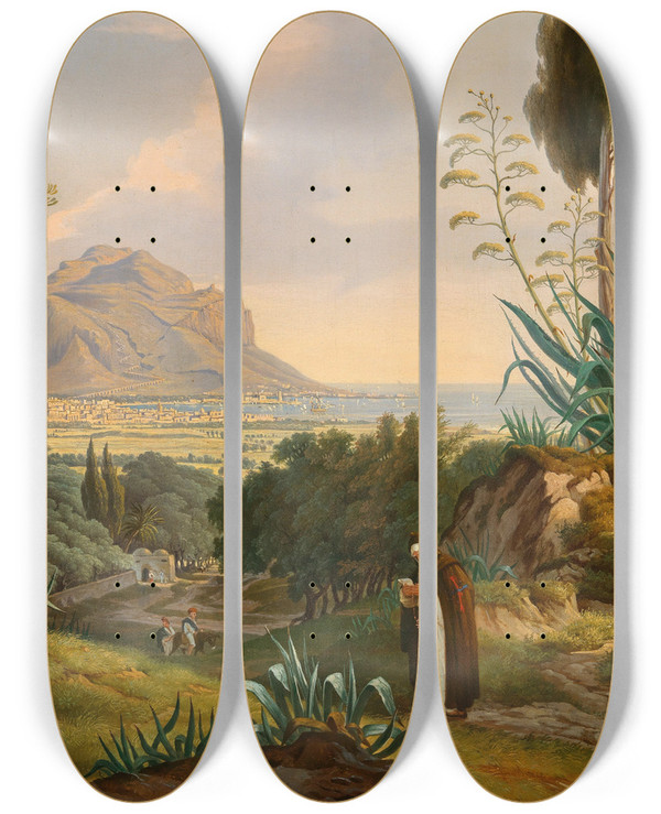 Triptych art skateboard deck of Emil Ludwig Lhr A View Of The Bay Of Palermo With Monte Pellegrino by Emil Ludwig Lohr (1809-1876)