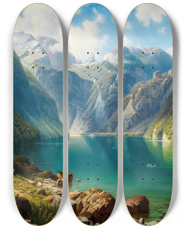 Triptych art skateboard deck of Daniel Somogyi A View Of Lake Knigssee by Daniel Somogyi (1837-1892)