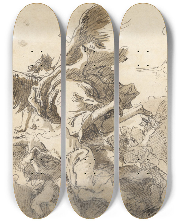 Triptych art skateboard deck of Giovanni Domenico Tiepolo Angels In The Sky by Giovanni Domenico Tiepolo (1727-1804)