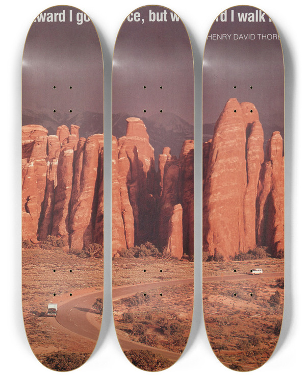 Triptych art skateboard deck of Us Information Agency Scenically Yours Eastward I Go By Force But Westward I Walk Free by U S Information Agency (1953-1999)