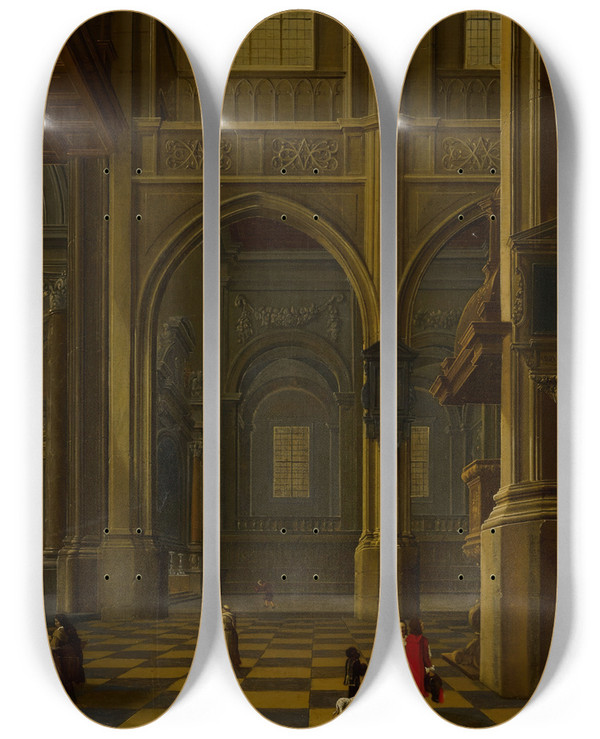 Triptych art skateboard deck of Bartholomeus Van Bassen An Interior Of A Gothic Cathedral With Figures by Bartholomeus Van Bassen (1590-1652)