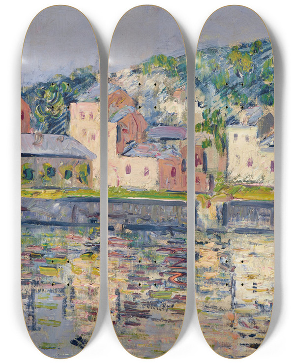 Triptych art skateboard deck of Gustave Loiseau La Berge Pontoise by Gustave Loiseau (1865-1935)
