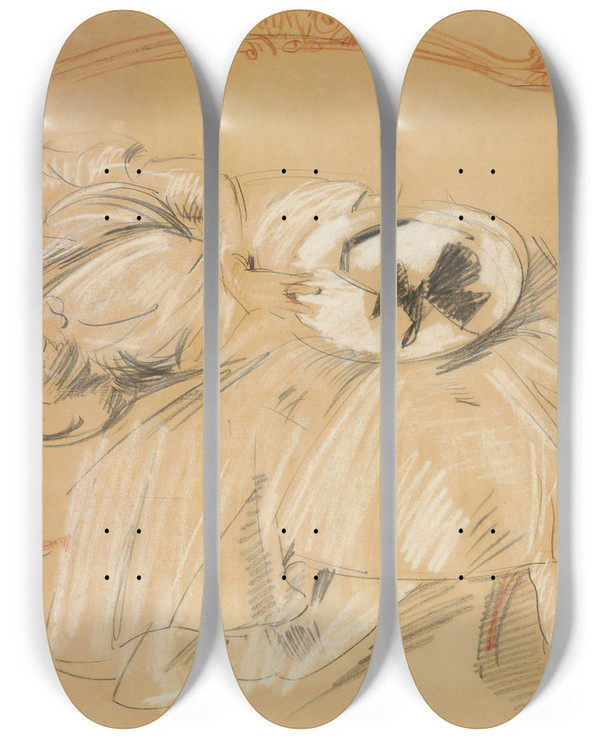 Triptych art skateboard deck of Paul Csar Helleu Jeune Femme Au Divan by Paul Cesar Helleu (1859-1927)