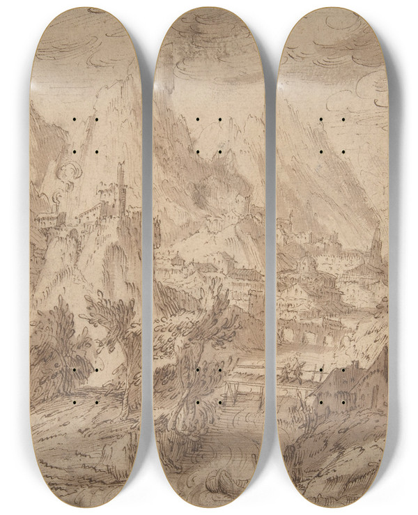 Triptych art skateboard deck of Tobias Verhaecht Mountainous Landscape With Tobias And The Angel by Tobias Verhaecht (1561-1631)