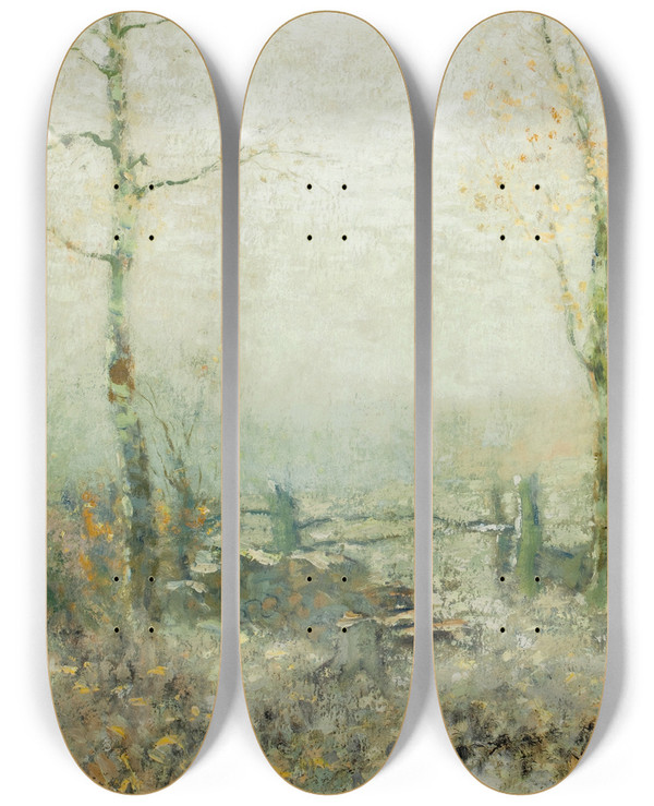 Triptych art skateboard deck of Bruce Crane Edge Of The Woods by Bruce Crane (1857-1937)