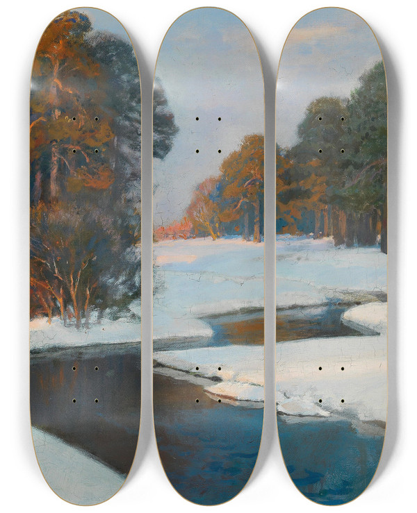 Triptych art skateboard deck of Stefan Popowski Winter Landscape In The Evening Light by Stefan Popowski (1870-1937)