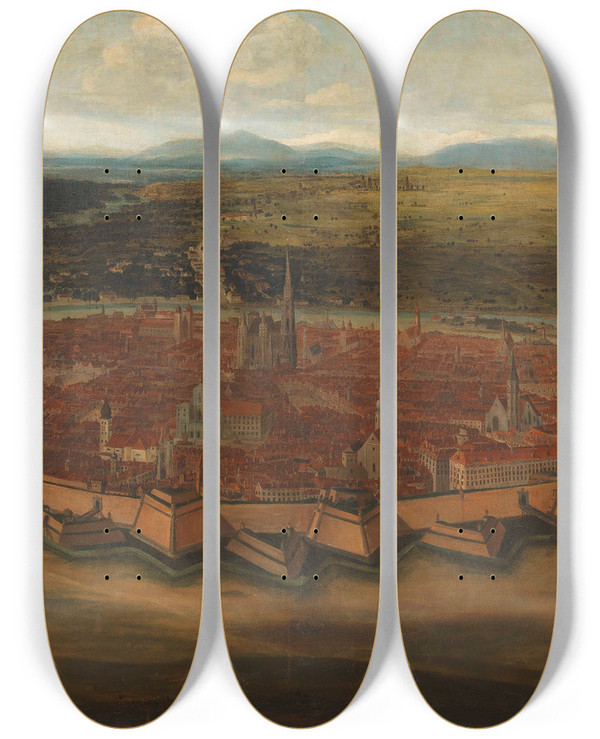 Triptych art skateboard deck of Domenico Cetto Ansicht Der Stadt Wien Von Der Josefstadt Aus by Domenico Cetto (17-)