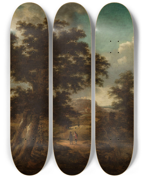 Triptych art skateboard deck of Georg Heinrich Hergenrder Landscape With A Bridge A Large Tree And Travellers by Georg Heinrich Hergenroder (1736-1794)