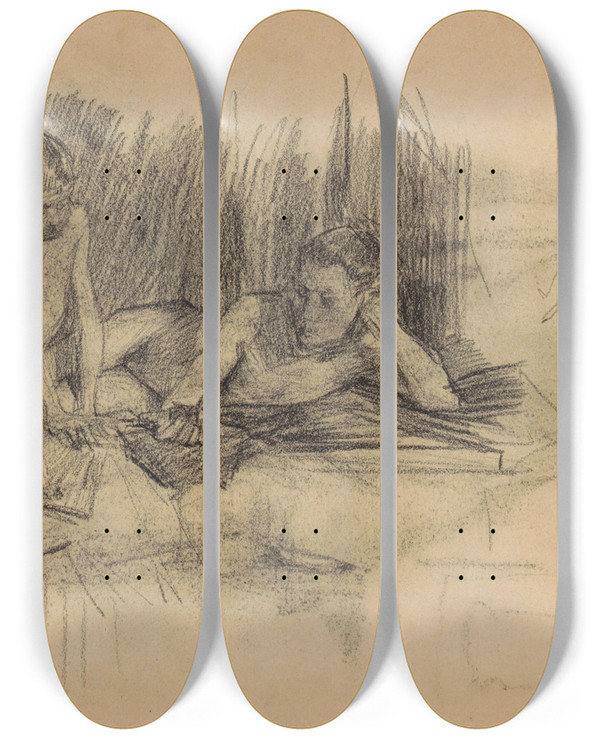 Triptych art skateboard deck of Marius Bauer Naakte Jongens Op Een Bed by Marius Bauer (1867-1932)