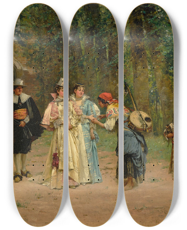 Triptych art skateboard deck of Adrien Moreau The Fortune Teller by Adrien Moreau (1843-1906)