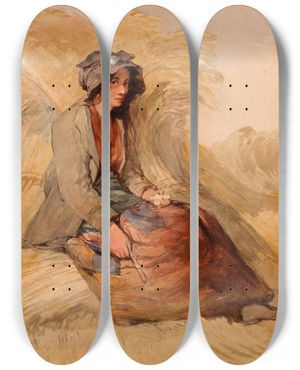 Triptych art skateboard deck of Edward Duncan A Young Woman Resting In A Cornfield by Edward Duncan (1803-1882)