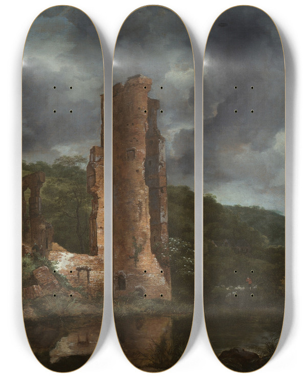Triptych art skateboard deck of Jacob Van Ruisdael Landscape With The Ruins Of The Castle Of Egmond by Jacob Van Ruisdael (1628-1682)