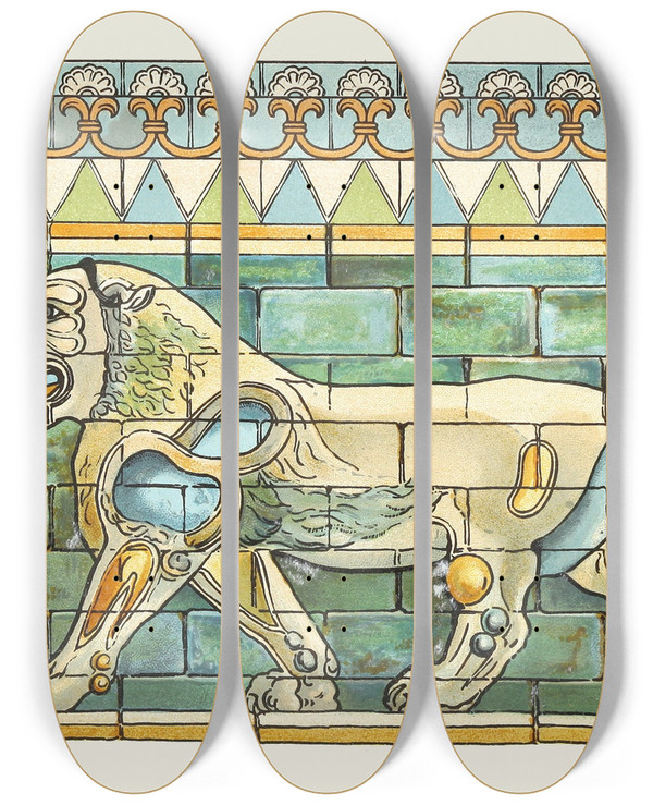 Triptych art skateboard deck of James Ward Portion Of The Lions Frieze Ffrom The Ancient Persian Palace At Susa by James Ward (1851-1924)