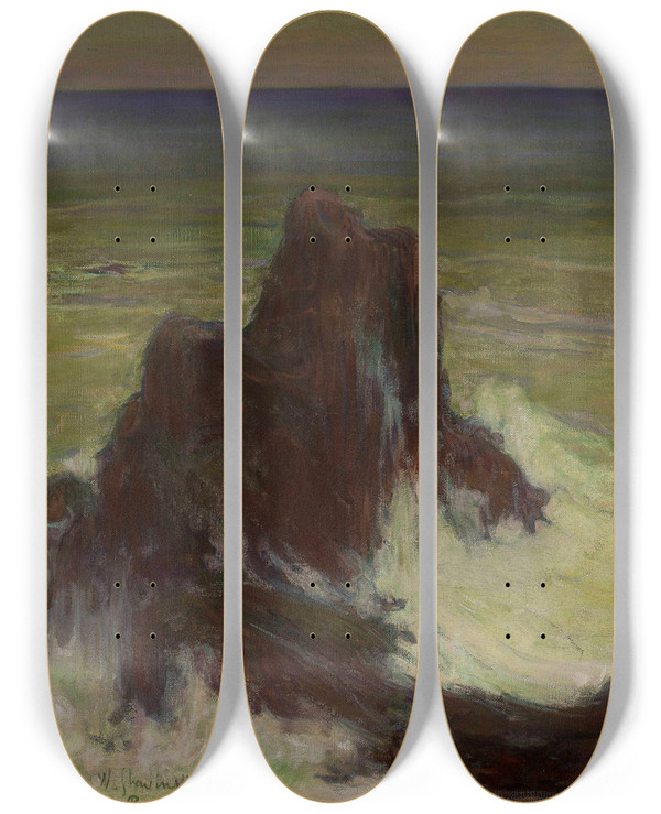 Triptych art skateboard deck of Wadysaw Lewiski Sea With A Solitary Rock by Wadysaw lewiski (1854-1918)