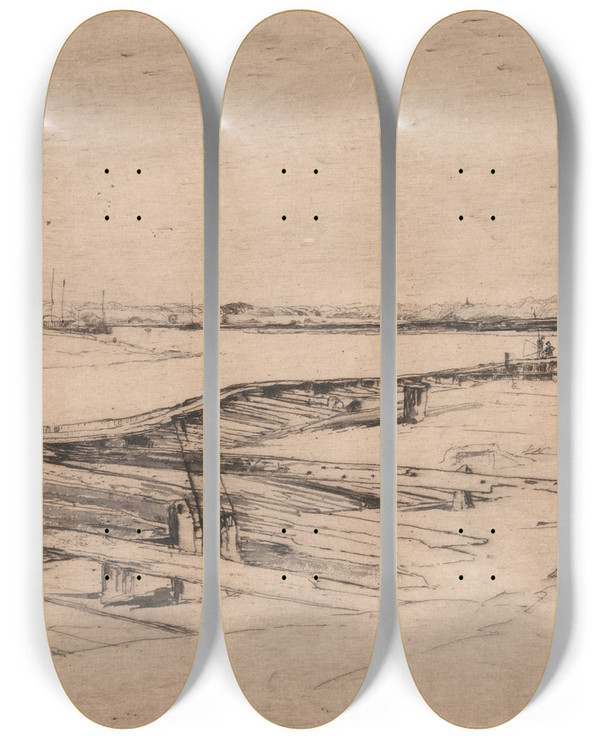 Triptych art skateboard deck of Sir Frank Short A Quiet Evening On The Ferry Over The Blyth by Sir Frank Short (1857-1945)