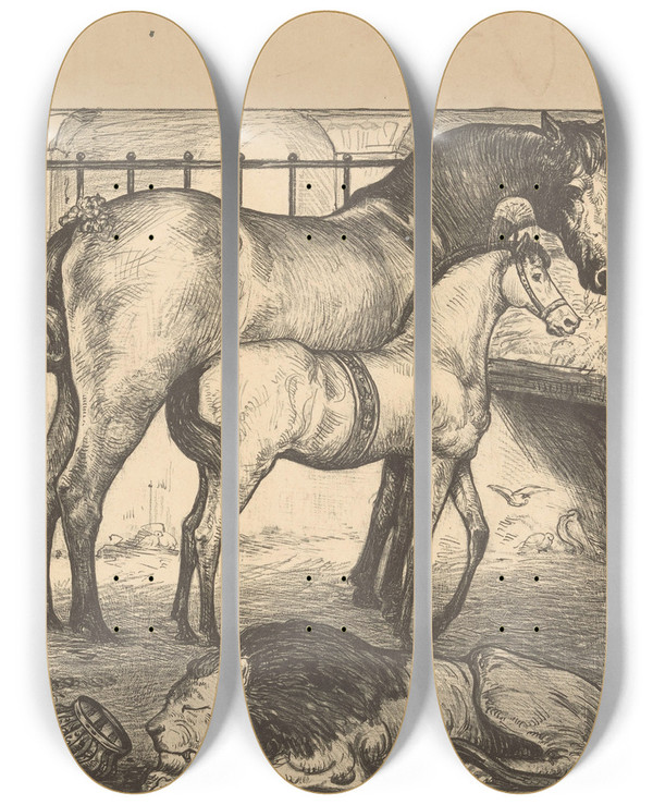 Triptych art skateboard deck of Richard Nicolas Roland Holst Twee Paarden Bij Een Hooiruif In Een Stal by Richard Nicolaus Roland Holst (1868-1938)
