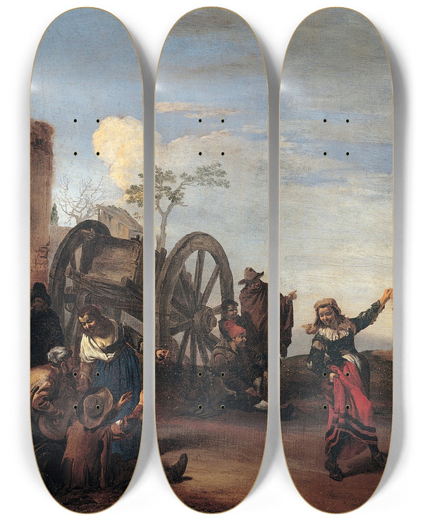 Triptych art skateboard deck of Michelangelo Cerquozzi Bambocciata Childishness by Michelangelo Cerquozzi (1602-1660)