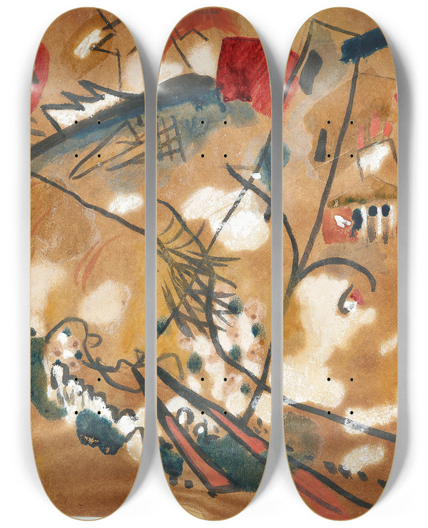 Triptych art skateboard deck of Wassily Kandinsky Draft For Improvisation 24 Troika Ii by Wassily Kandinsky (1866-1944)