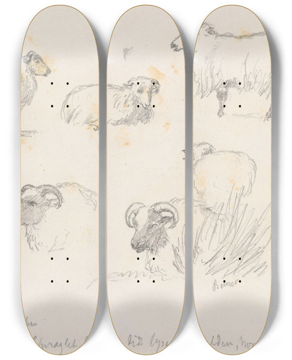 Triptych art skateboard deck of Hans Gude Studier Av Sauer by Hans Gude (1825-1903)