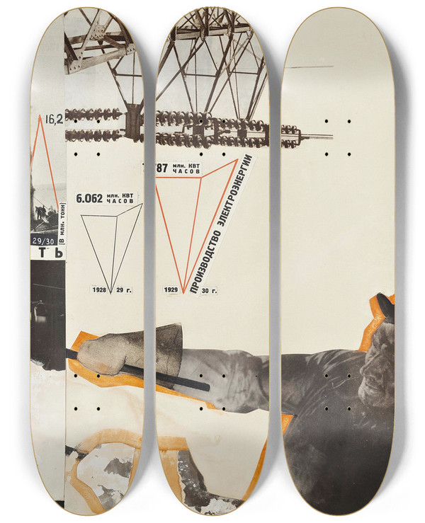 Triptych art skateboard deck of Gustav Klutsis Plakatentwurf by Gustav Klutsis (1895-1938)