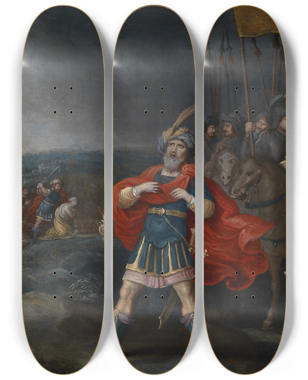 Triptych art skateboard deck of Hieronymus Francken Iii Jephthah Meets His Daughter by Hieronymus Francken Ii (1611-1671)