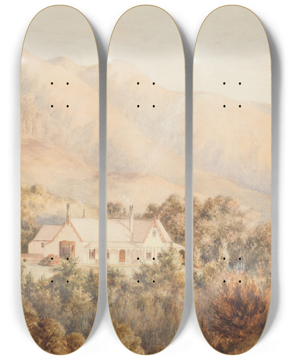 Triptych art skateboard deck of Charles Decimus Barraud The Ministerial Residence by Charles Decimus Barraud (1822-1897)