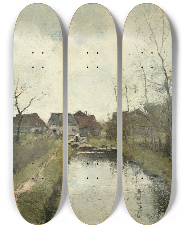 Triptych art skateboard deck of Anton Mauve Huisje Aan Een Sloot by Anton Mauve (1838-1888)