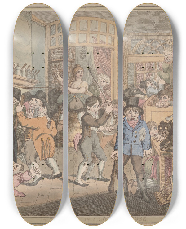 Triptych art skateboard deck of Thomas Rowlandson A Mad Dog In A Coffee House by Thomas Rowlandson (1756-1827)